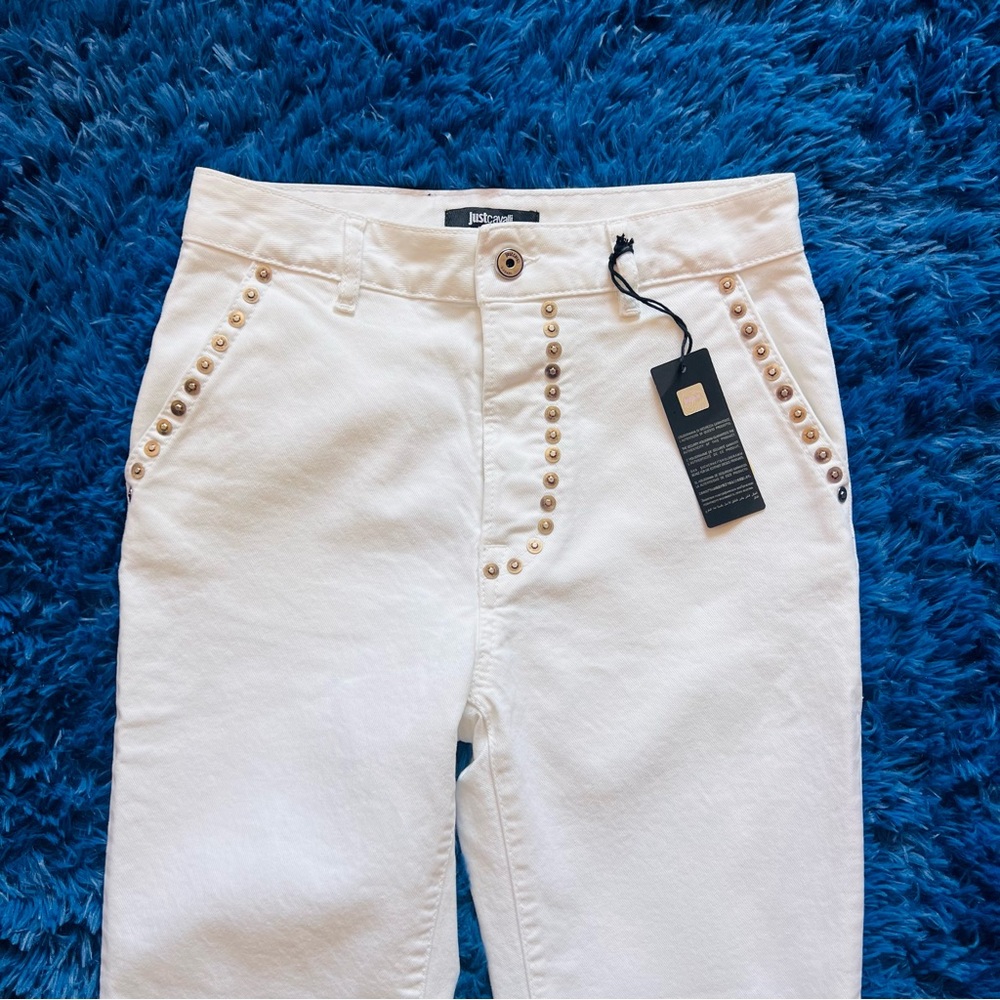 New! JUST CAVALLI Studded High Rise Straight Leg Jeans - Picture 3 of 7